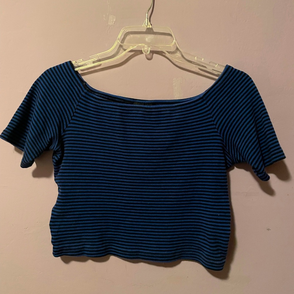Complot Blue Black Striped Short Sleeve Fitted Cropped Tee